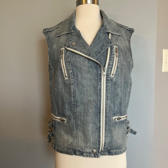 Rebecca Taylor Biker Moto Denim Vest Sleeveless Jacket Zipper Light Wash Gilet S - Picture 6 of 16